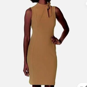 CALVIN KLEIN Tan brown mock neck w bow SHEATH DRESS